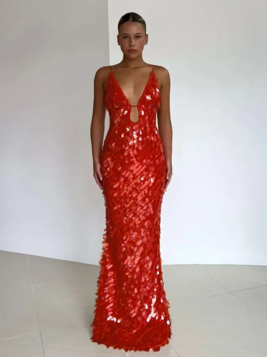Fiery Allure Sequin Mesh Maxi Dress